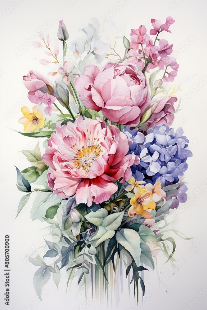 Delicate watercolor of a floral arrangement with peonies, lisianthus, and ammi, painted in gentle pastels on a pristine white canvas ,  watercolor painting