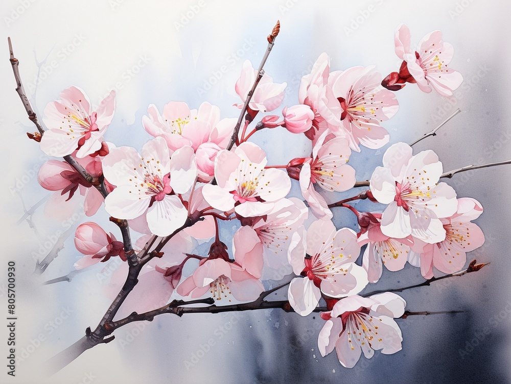 Delicate watercolor of cherry blossoms, embodying magnificent beauty and femininity, painted in gentle pastels on a pristine white canvas ,  high-detail texture