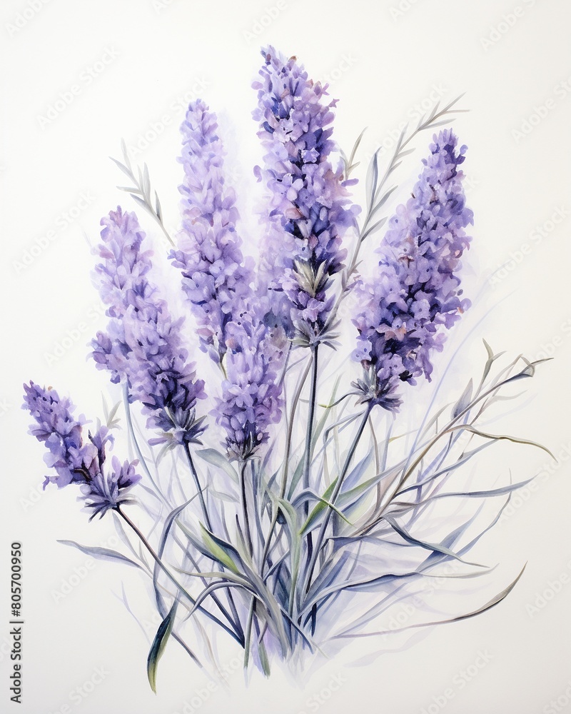 Fototapeta premium Delicate watercolor of lavender, embodying love and fertility, painted in gentle pastels on a pristine white canvas , high-detail texture