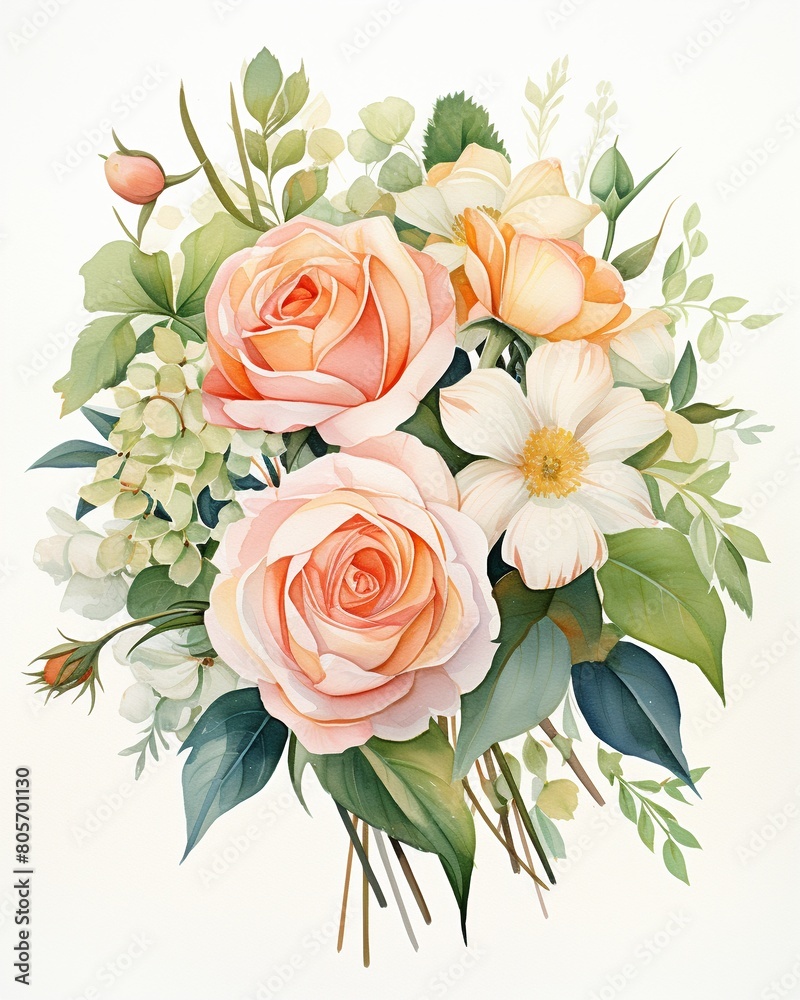 Fototapeta premium Rose wedding bouquet in watercolor, soft pastel blooms overlaid with vibrant green leaves, portraying organic spontaneity , watercolor painting