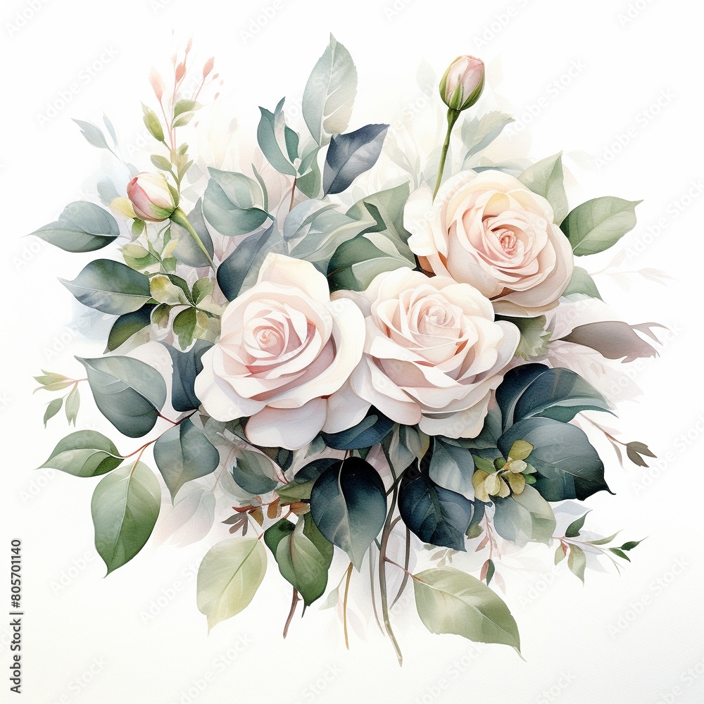Soft hues of a watercolor rose bouquet, elegant leaves framing the blooms, emphasizing simplicity and serenity ,  high resolution