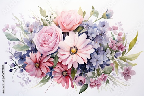 Wallpaper Mural Serene and lovely watercolor of a blooming garden bouquet, soft pastel colors, isolated on white with a macro camera angle ,  against pur white background Torontodigital.ca