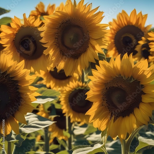 A field of sunflowers with bees buzzing around collecting pollen under a sunny sky1 photo