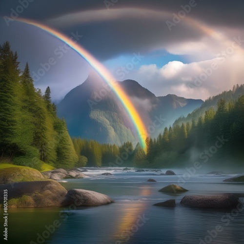 A majestic mountain range shrouded in mist with a rainbow in the sky  a waterfall  and a lake2