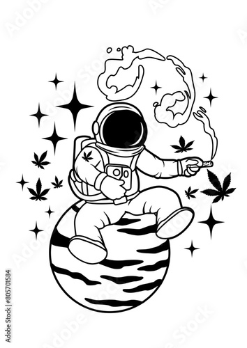 Astronaut Smoking | Spaceman | Galaxy | Outerspace | Smoking Joint | Smoke | Planet | Celestial | Original Illustration | Vector and Clipart | Cutfile and Stencil