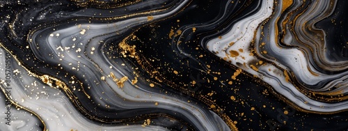 Black and white flowing liquid, with golden swirls on the surface, creating an abstract pattern.