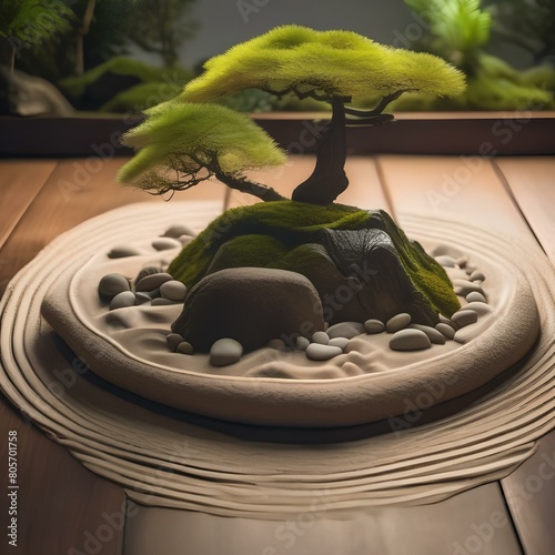 A peaceful Zen garden with raked sand, rocks, and bonsai trees3