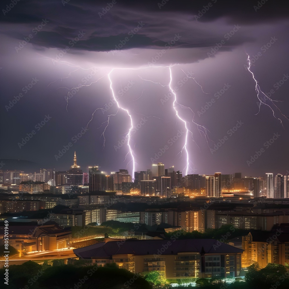A dramatic lightning storm over a city skyline at night with lightning bolts illuminating the sky1
