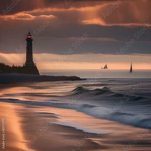 A dramatic sunset over a calm ocean with sailboats on the horizon, a lighthouse, and a couple walking on the beach1