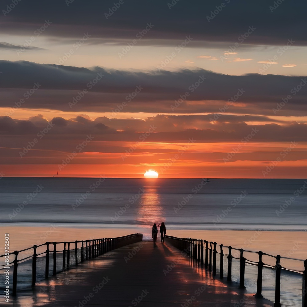 A dramatic sunset over a calm ocean with sailboats on the horizon, a lighthouse, and a couple walking on the beach5 A dramatic sunset over a calm ocean with sailboats on the horizon, a lighthouse, and a couple walking on the beach5