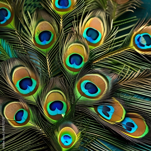 A close-up of a peacock feather showing intricate patterns, vibrant colors, and textures1 photo