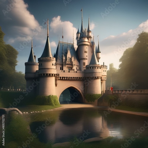 A whimsical fairy tale castle surrounded by a moat with a drawbridge2 photo
