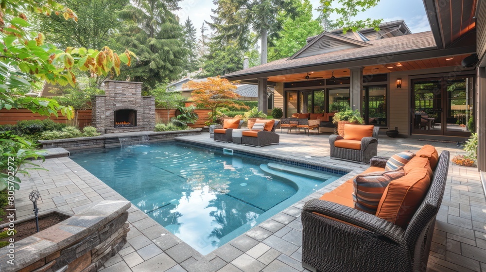 Relaxing Outdoor Retreat with Pool, Garden Furniture, and Fireplace