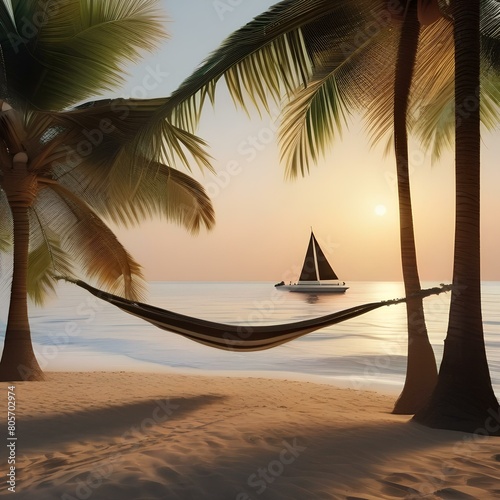 A tranquil beach scene with palm trees, a hammock, and a sailboat in the distance3 © ja