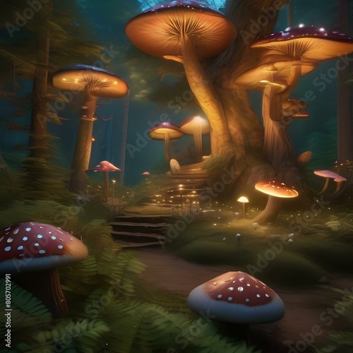 A whimsical fairy tale forest with glowing mushrooms, fireflies, a unicorn, and a hidden fairy village4 photo