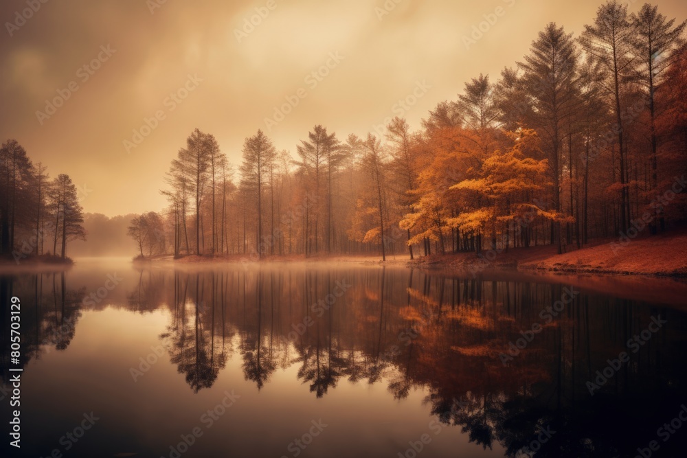 Foggy Autumn Morning, Colorful Trees by the Lake