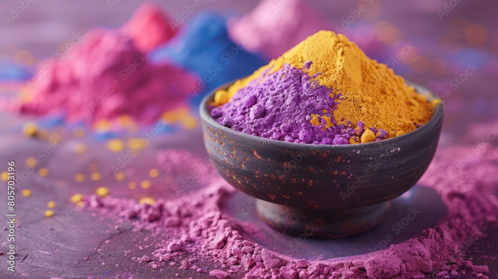 Holi Powder in Clay Bowl on Purple Background with Copy Space - Colorful Celebration Holi Powder in Clay Bowl on Purple Background with Copy Space - Colorful Celebration