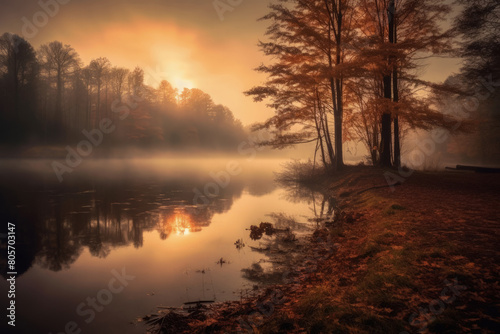 Foggy Autumn Morning, Colorful Trees by the Lake