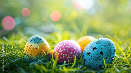 Joyful Easter Celebration with Vibrant Eggs on Lush Green Grass Background