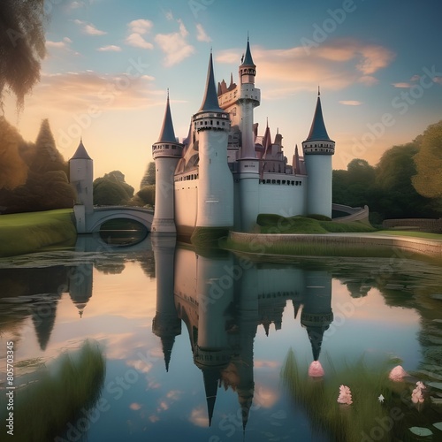 A whimsical fairy tale castle surrounded by a moat with a drawbridge5 photo