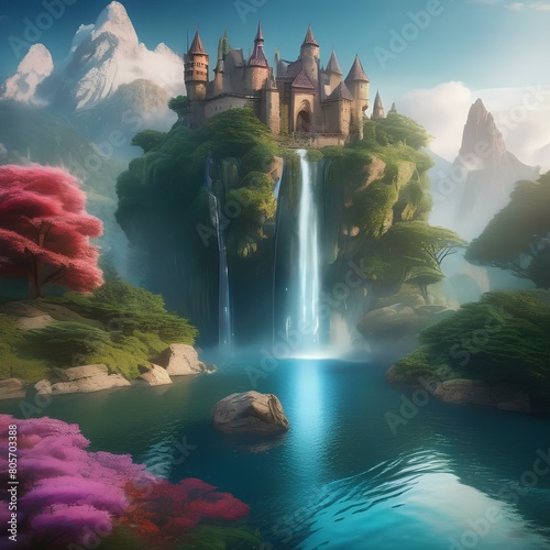 A surreal fantasy landscape with floating islands, waterfalls, magical creatures, a castle, and a dragon2 photo