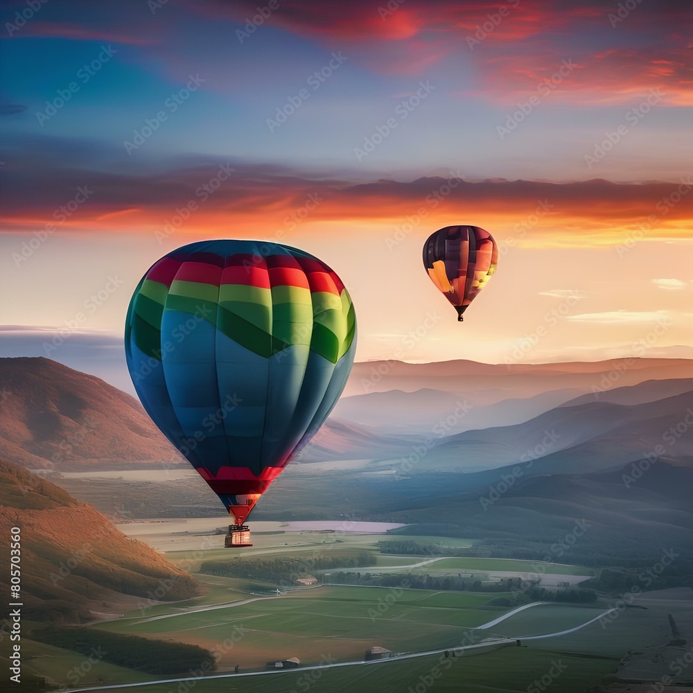 A colorful hot air balloon festival in a clear blue sky with clouds, mountains, and a beautiful sunset5