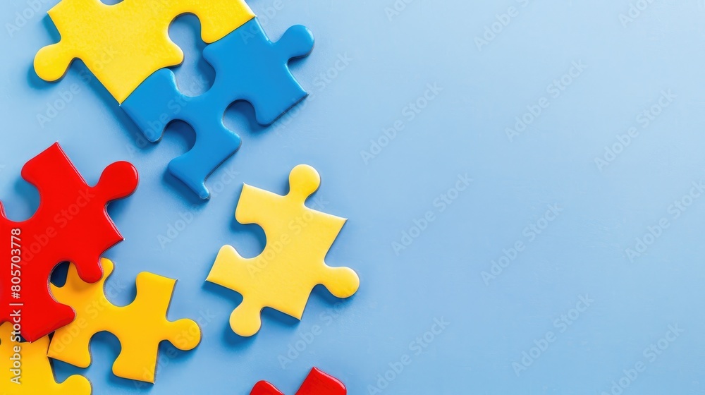 Obraz premium Puzzle pieces in blue, yellow, and red on light blue frame. Ai Generated