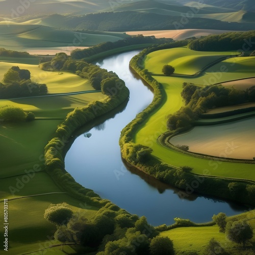 A peaceful countryside scene with rolling hills and a winding river5
