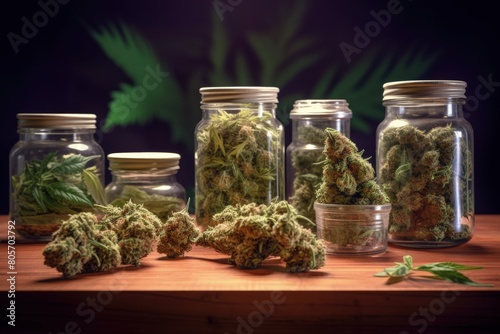 Diverse Strains of Medical Cannabis in Glass Jars