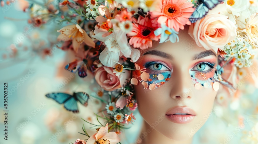 Floral Elegance: Stylish Summer Portrait of Woman Adorned with Flowers and Butterflies, Celebrating Female Beauty and Spring Fashion