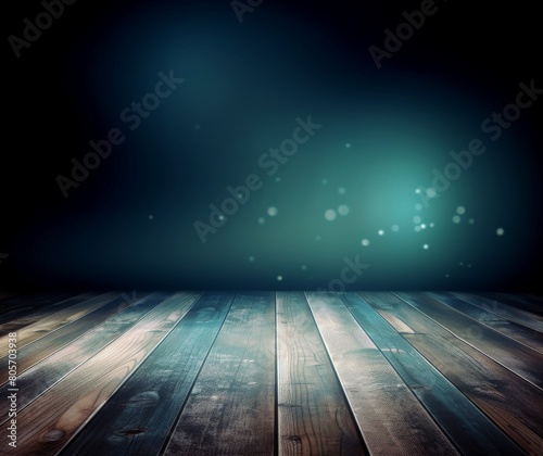 Mystical Dark Stage with Sparkling Lights and Wooden Floor Background