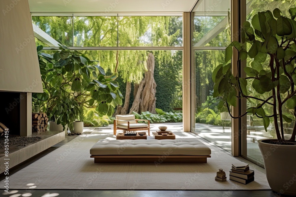 Fototapeta premium Eco Conscious Living Space with Lush Garden View and Soft White Bench