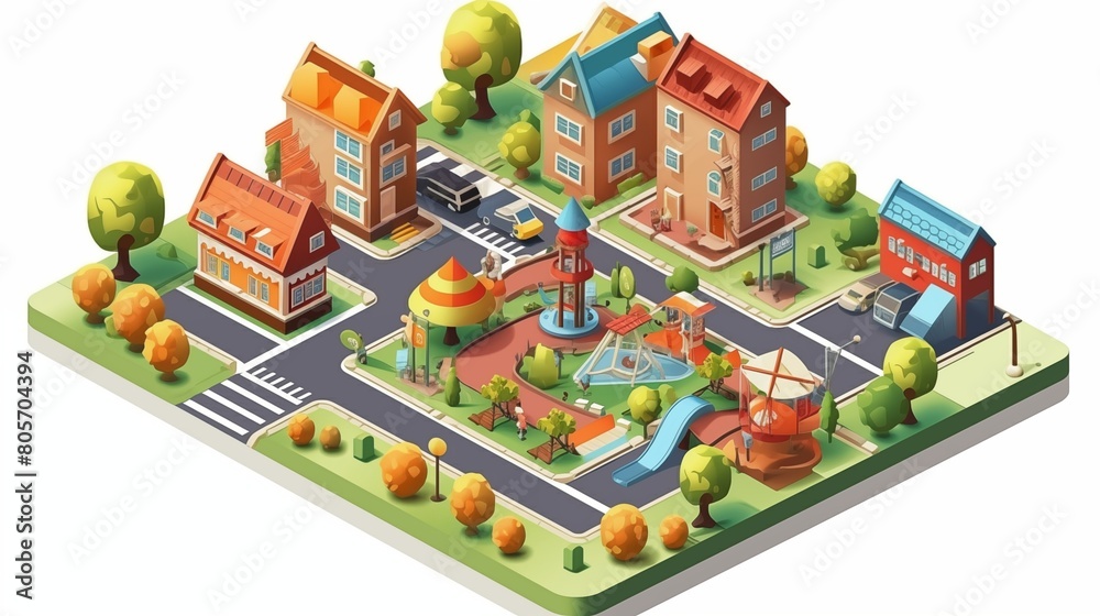 Isometric 3D Urban Landscape Vector with Vibrant Children's Playground.