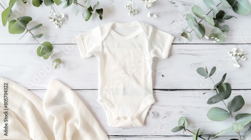 White cotton baby short sleeve bodysuit displayed on white wooden backdrop. Ai Generated