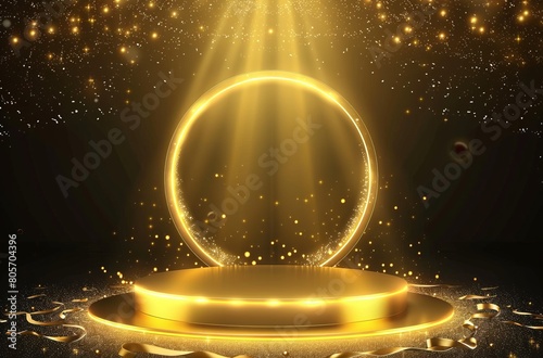 3D golden podium with light effects and glowing ring on dark background. Golden award stage for product presentation, promotion or advertising design template