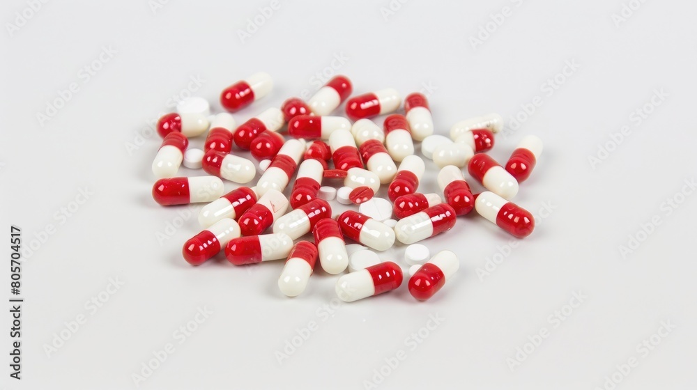 Red and white antibiotic capsules arranged on a white background. Ai Generated