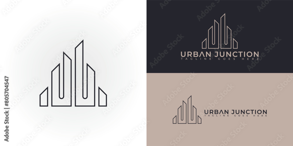Abstract initial building letter UJ or JU logo in black color isolated on multiple background colors. The logo is suitable for real estate property company icon logo design inspiration templates. Abstract initial building letter UJ or JU logo in black color isolated on multiple background colors. The logo is suitable for real estate property company icon logo design inspiration templates.