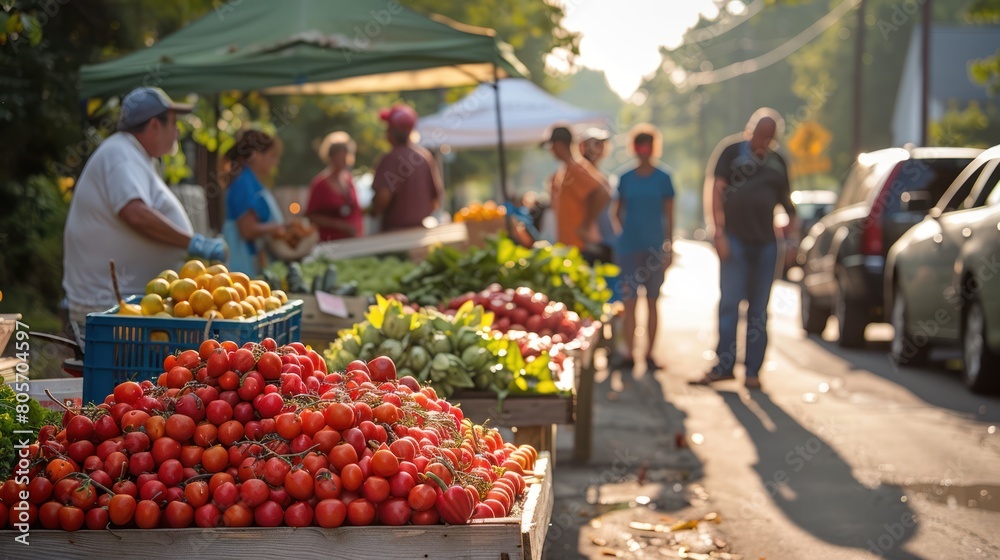 Local Commerce and Community: A Bustling Farmers Market Scene with Fresh Produce on Display