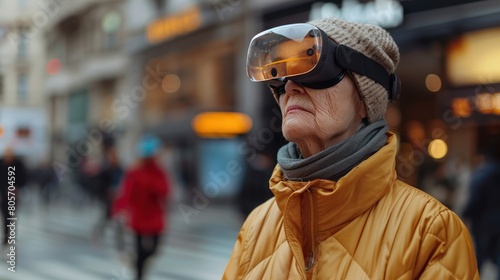 Virtual Reality in Urban Life: Elderly Woman Crossing Street in Jacket and Hat with VR Glasses