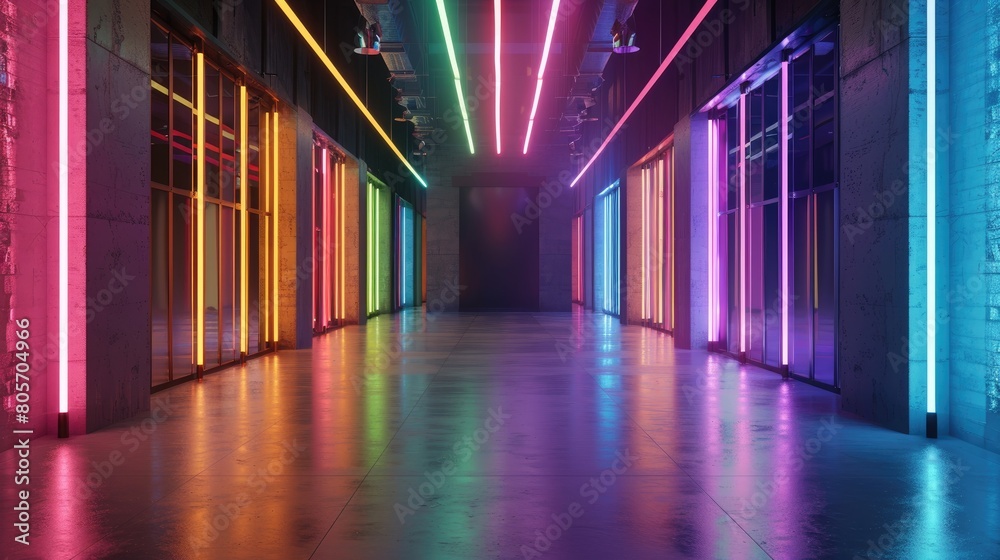 A corridor lined with glowing neon tubes emits a colorful, futuristic ambiance, Ai Generated.