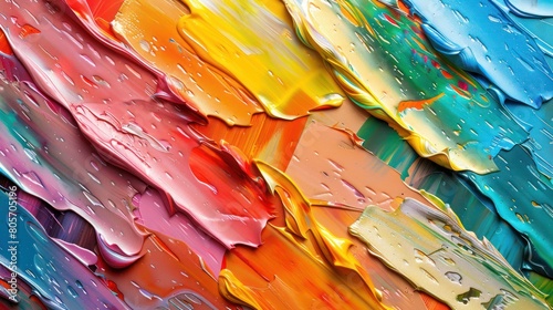Vibrant Abstract Painting: Multicolored Texture with Brush and Palette Knife Strokes on Canvas, Macro Close-Up of Acrylic Background