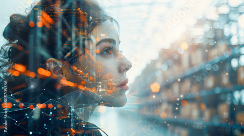 Woman's Double Exposure with Smart Warehouse Evolution Highlighting AI and IoT Integration in Logistic Setting - Isolated White Background