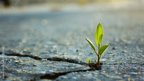 A seedling breaking through concrete, its delicate shoots symbolizing the resilience of nature and the human spirit in the face of urbanization and industrialization photo