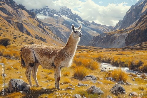 Llama grazing peacefully in a vibrant Andean mountain landscape  soft morning light 