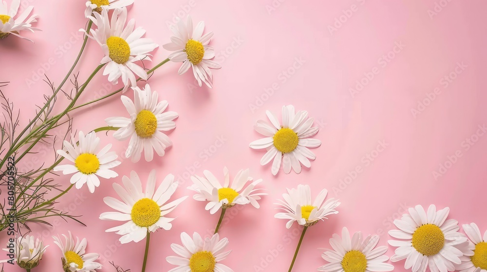 Minimalistic concept with white daisy chamomile flowers on pale pink. Ai Generated