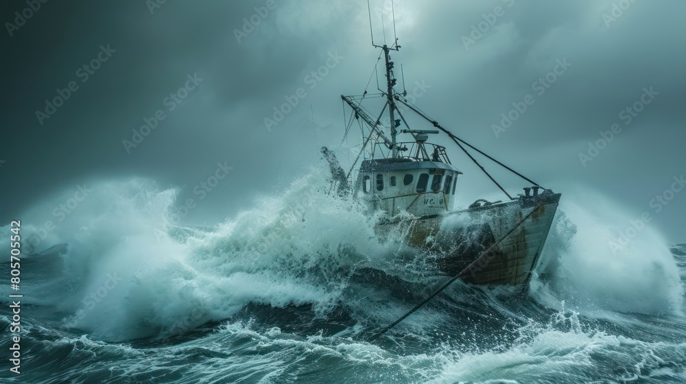 Resilient Maritime Workers: Rugged Fishing Boat Enduring Turbulent Ocean Waves and Dramatic Overcast Sky
