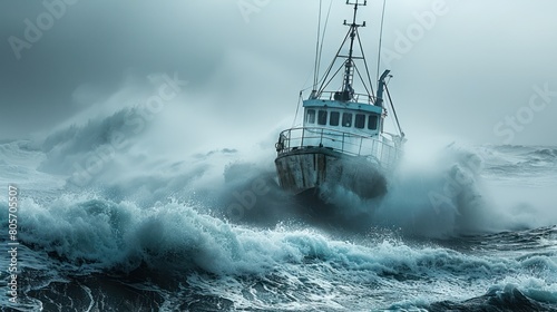 Resilient Maritime Workers: Rugged Fishing Boat Enduring Turbulent Ocean Waves and Dramatic Overcast Sky