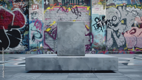 A grey box sits on a grey stone slab in front of a wall covered in graffiti