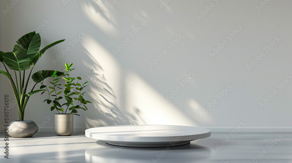 A white round table with a potted plant in front of it