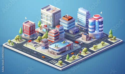 Isometric 3D Urban Landscape Vector Featuring Unique Computer Centers.